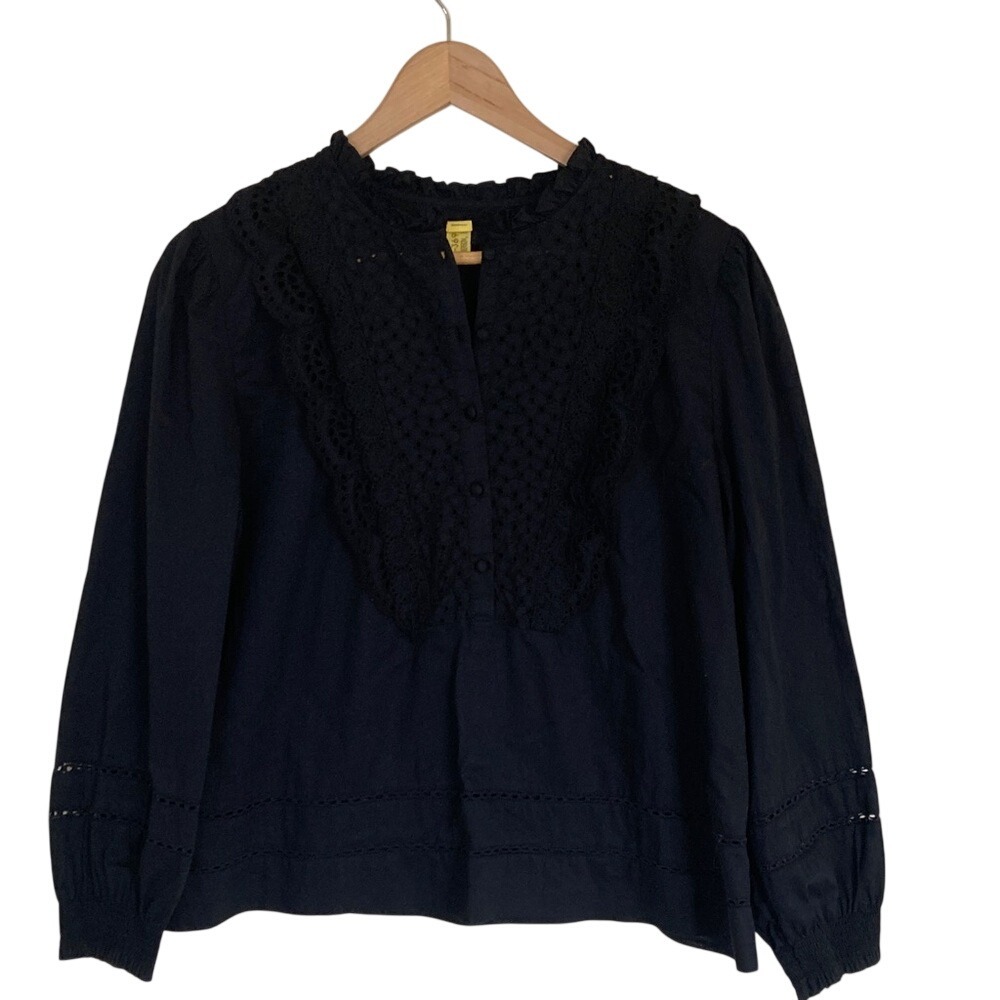 J Crew Womens Black Eyelet Bib Peasant Blouse Size 12 Long Sleeve Cotton Boho
